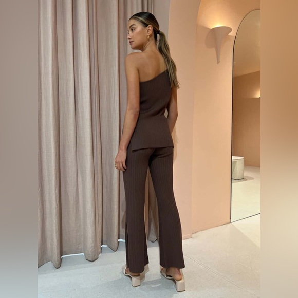 SIR THE LABEL Sylvie One Shoulder Asymmetrical Top Ribbed Chocolate Brown Size 4 - Picture 3 of 13